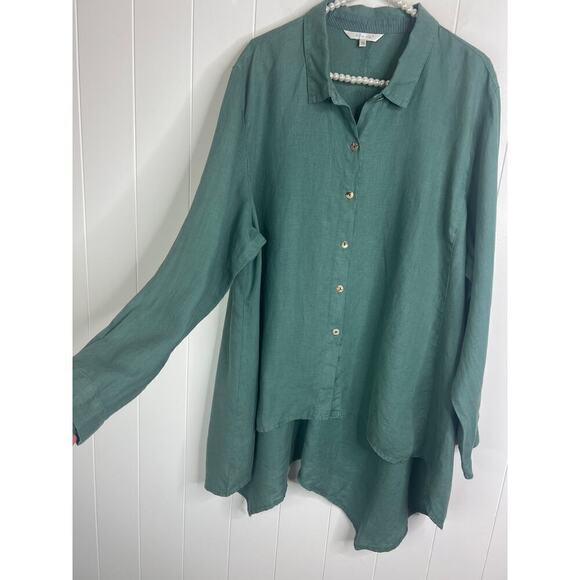 Kleen 100% Linen Asymmetrical Hem Buttondown Long Sleeve Blouse Size 1X - Picture 4 of 7